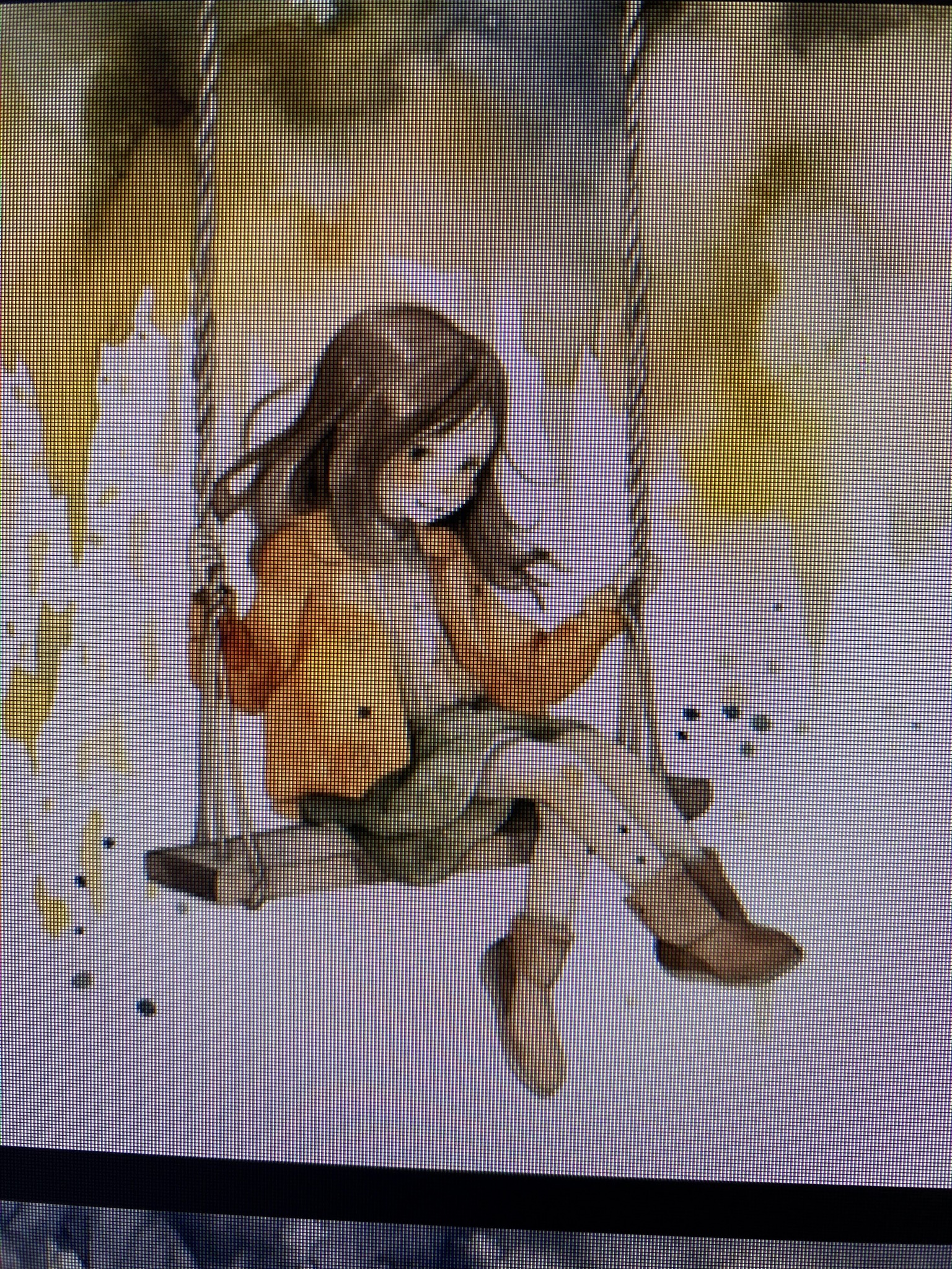 A girl on a swing — looks charming from a distance, but count the fingers and look at the proportions. This is one of the subtler failures.